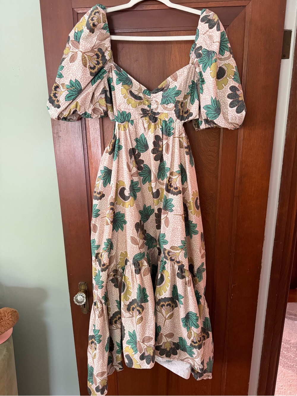 Afro tropical Puff Sleeve Midi Dress with cut outs Green & Brown earth tones